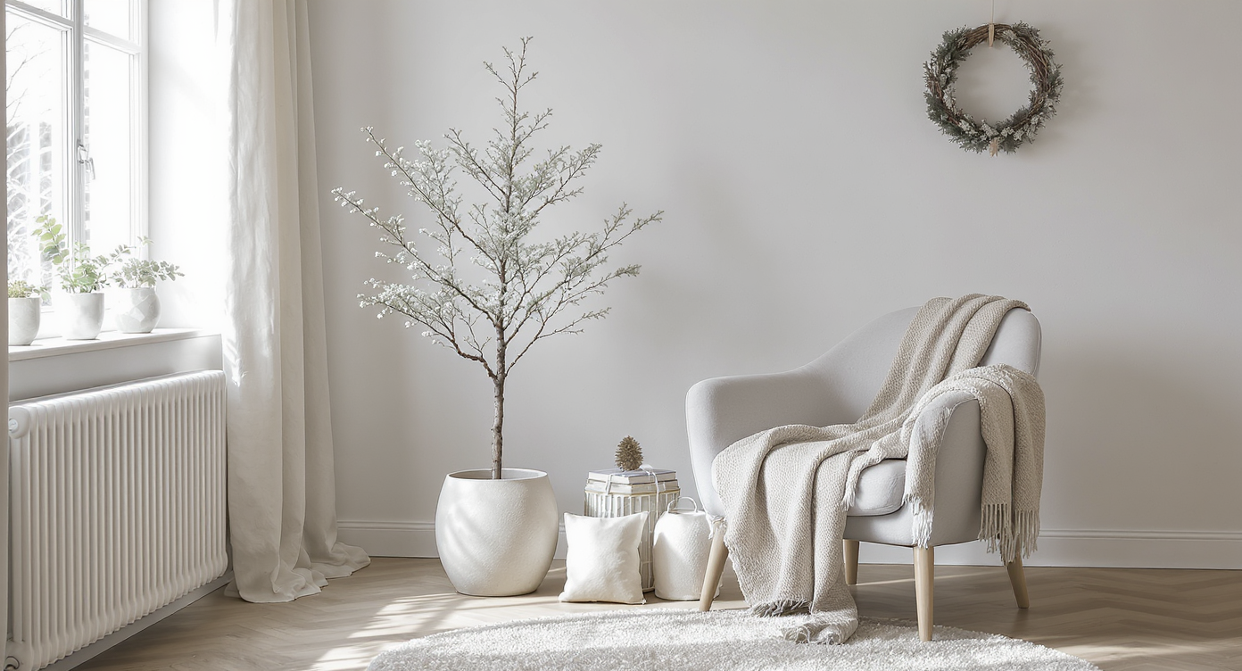A minimalist room with simple Christmas decor and a focus on clean lines.