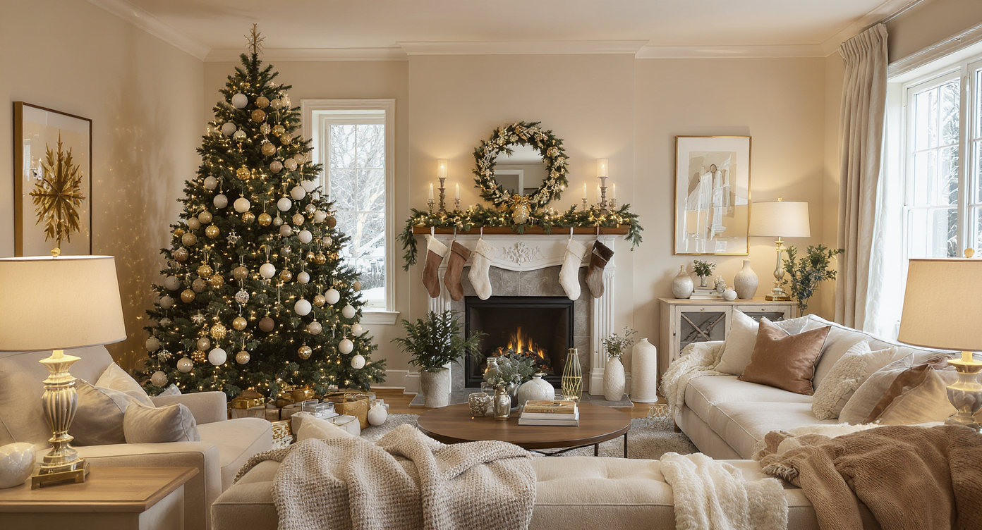 A festive living room decorated for Christmas with a large tree and warm lighting.