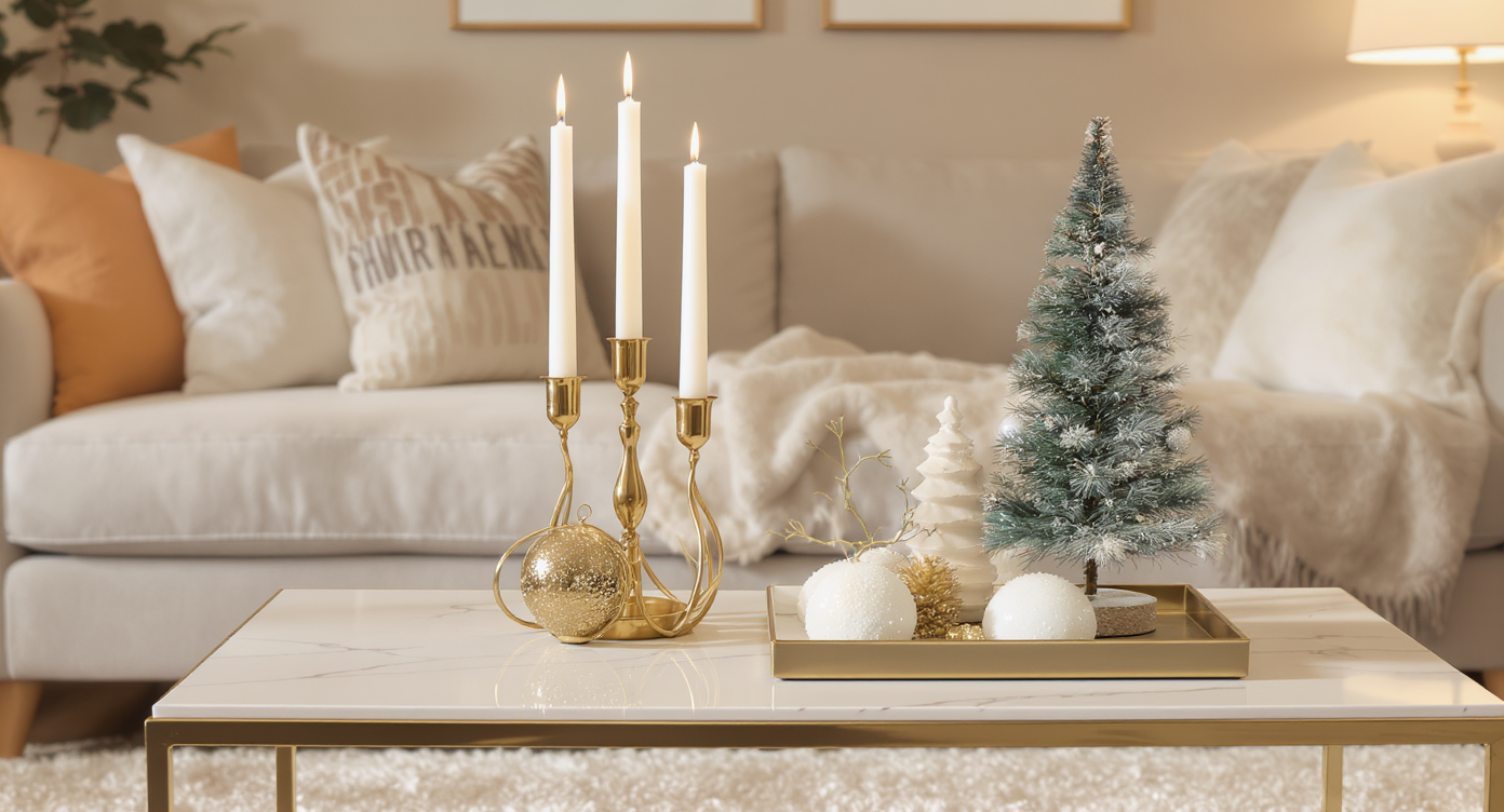 A coffee table with a minimalist decor piece and soft ambient lighting for Christmas.