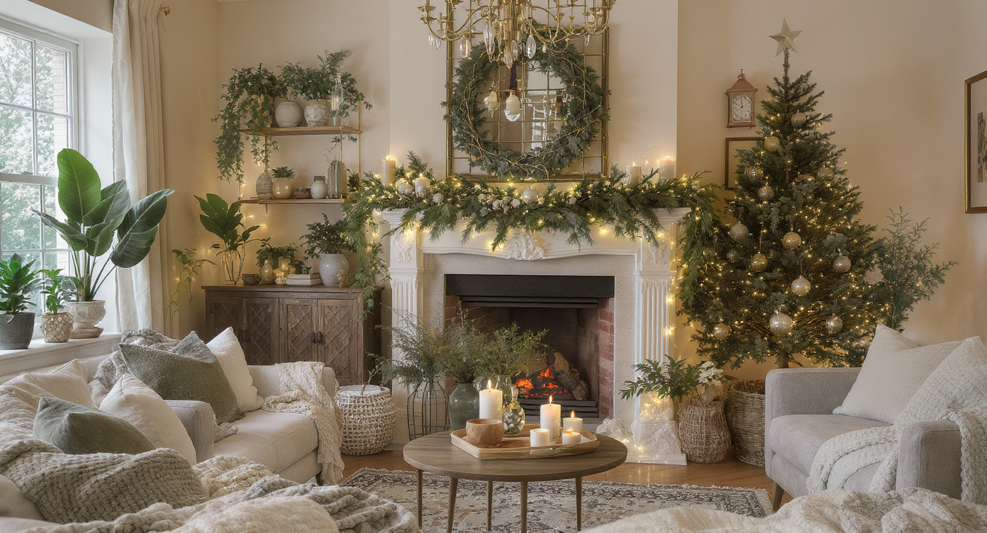 A cozy living room decorated with greenery, fairy lights, and soft textiles for Christmas.