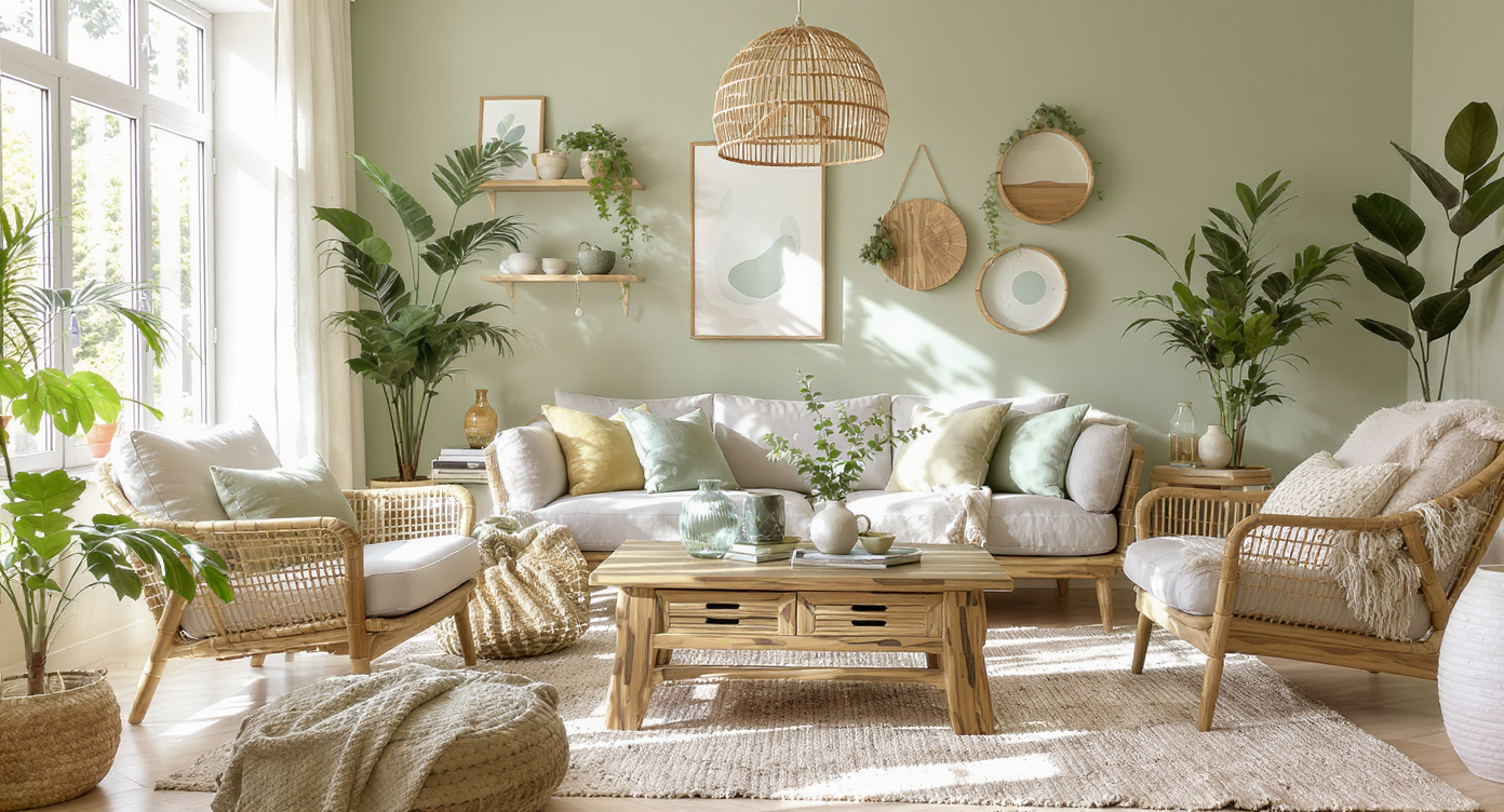 Eco-friendly living room adorned with reclaimed wood and sustainable materials, bathed in natural light.