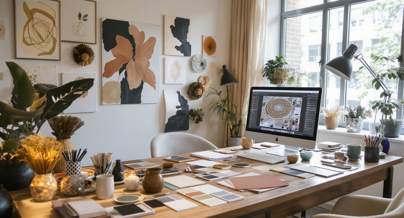 Interior designer's workspace with design materials and AI software, bathed in natural light.