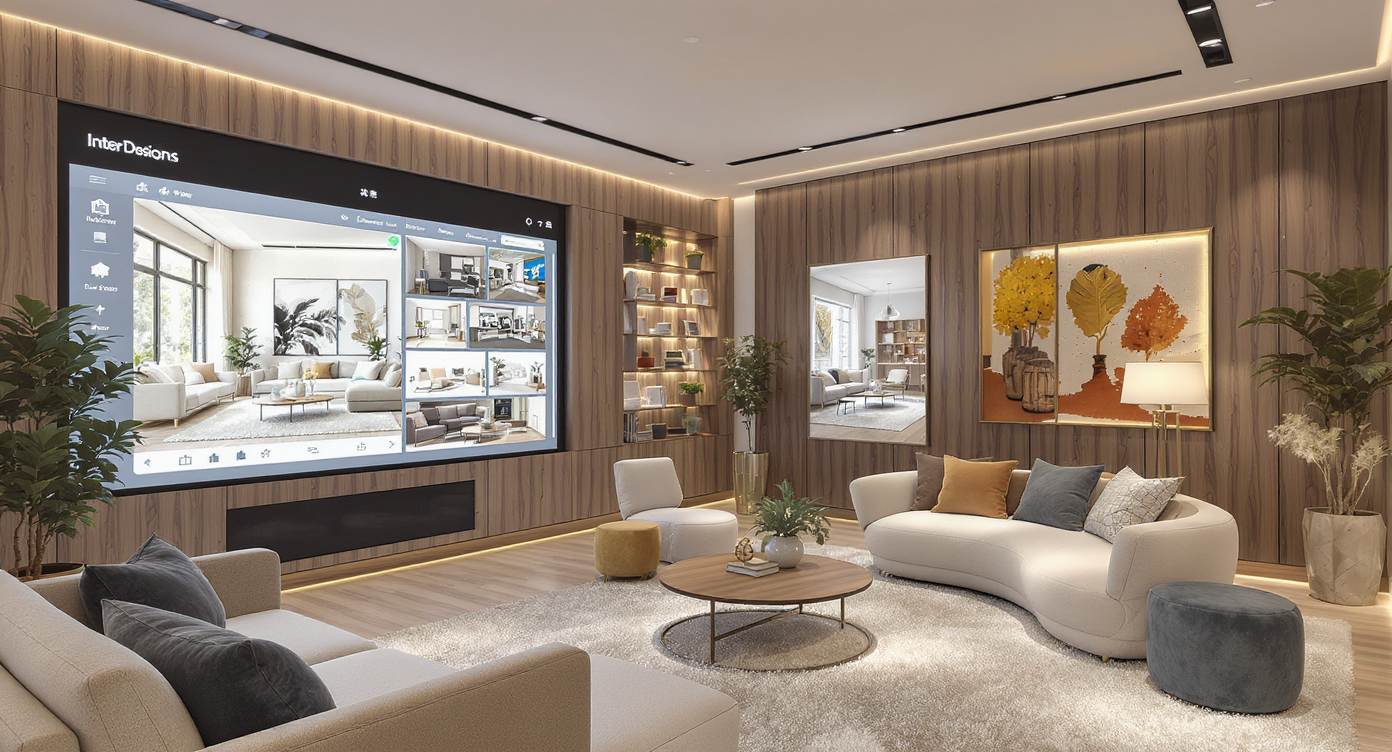 Interior design space illustrating AI-driven customization with digital interfaces and cozy furniture.