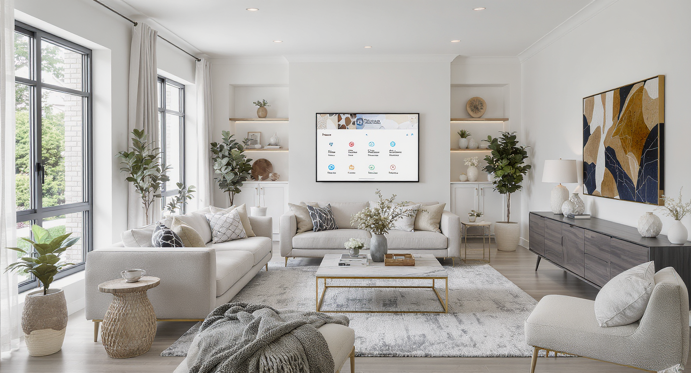 Modern living room showcasing AI-powered smart home features and elegant décor with natural light pouring in.