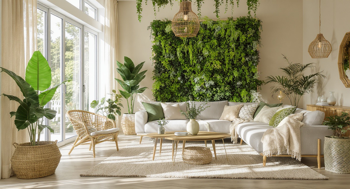 Biophilic design living space connecting nature and home with plants and natural light.