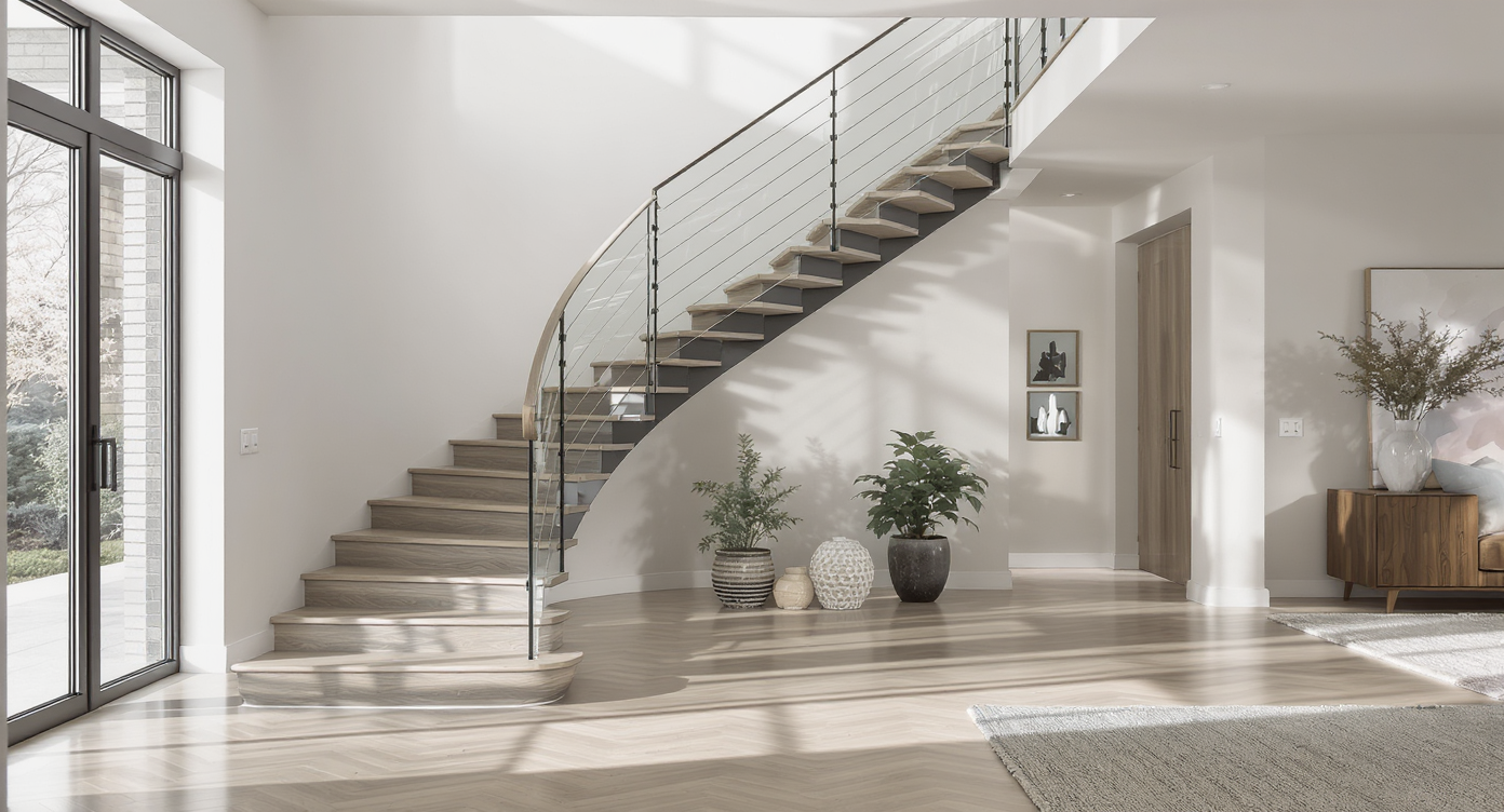 A modern home interior featuring a contemporary staircase with wooden treads and glass railing, illuminated by natural light.