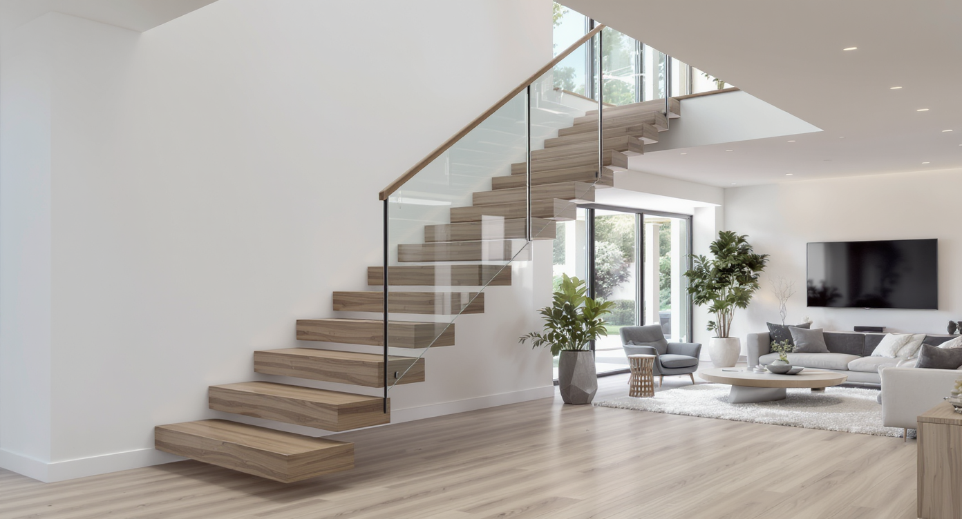 A modern floating staircase with cantilevered wooden treads creating an illusion of weightlessness in a bright open space.
