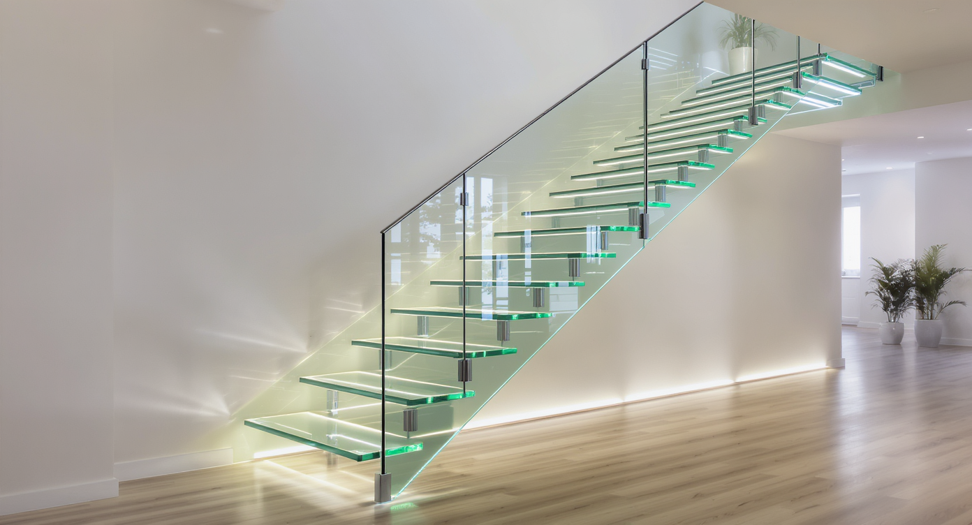 A luxurious glass staircase reflecting light in a modern space, supported by stainless steel elements and soft uplighting.