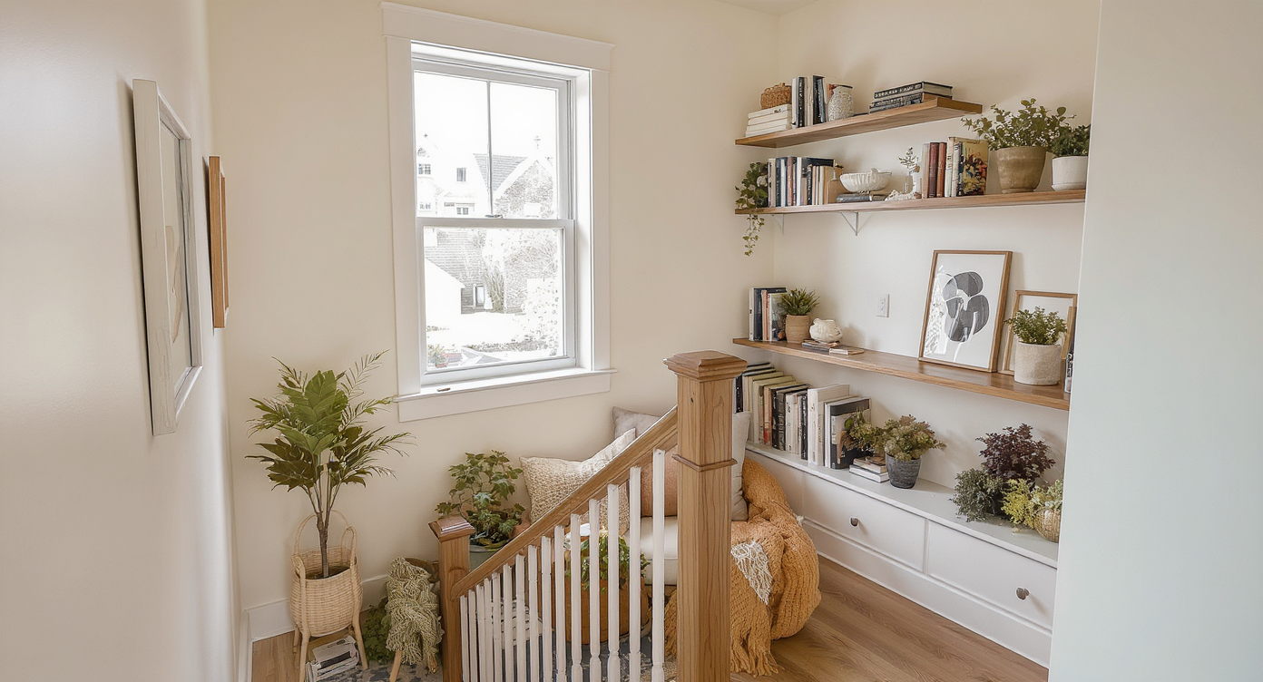 A creative staircase landing transformed into a cozy reading nook with shelves, chair, and decorative plants, illuminated by natural light.