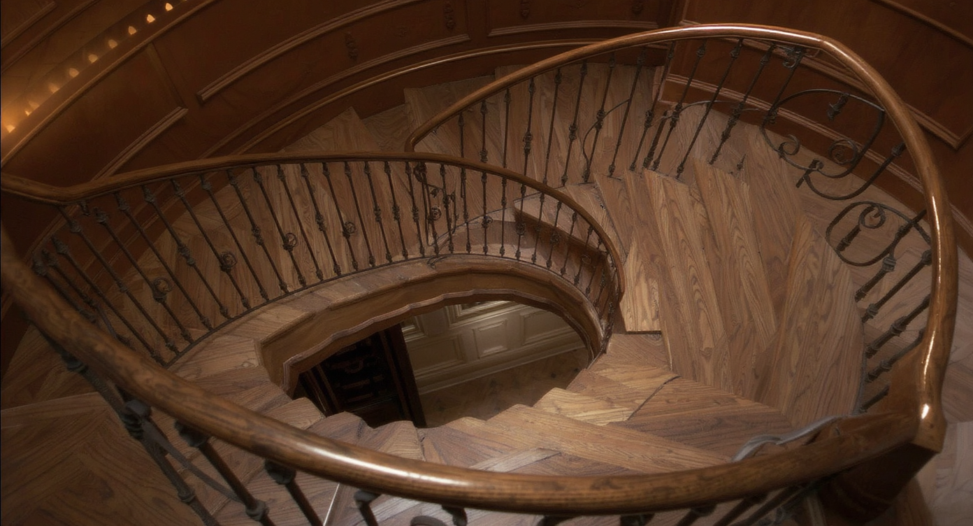 A classic spiral staircase with wrought iron railings and wooden steps, surrounded by dark wood paneling and ambient light.
