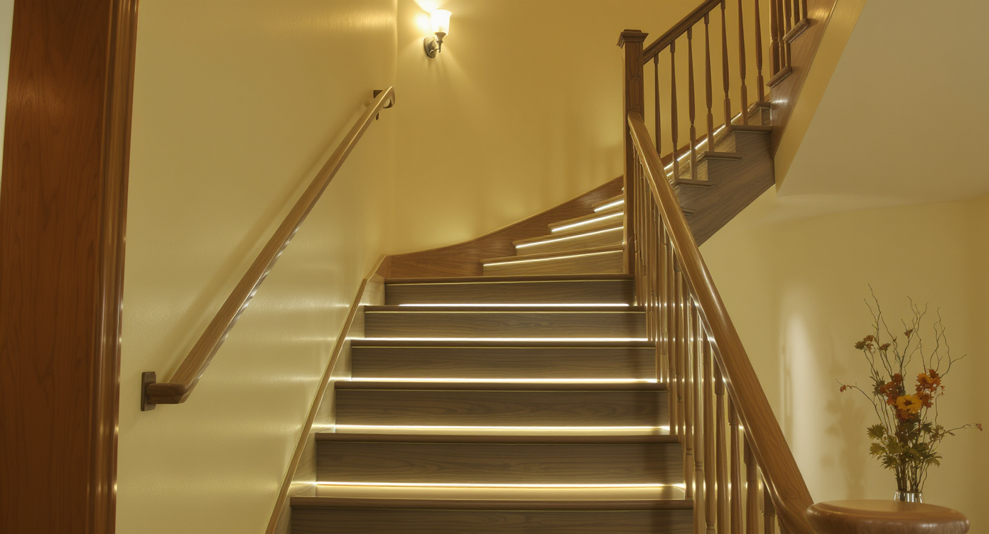 A staircase with integrated LED lighting along the steps and wall sconces, creating a warm and inviting atmosphere.