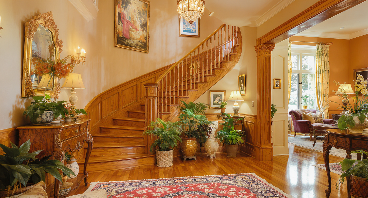 A warm entryway showcasing a beautifully designed wooden staircase, adorned with plants and artwork, creating a cozy atmosphere.