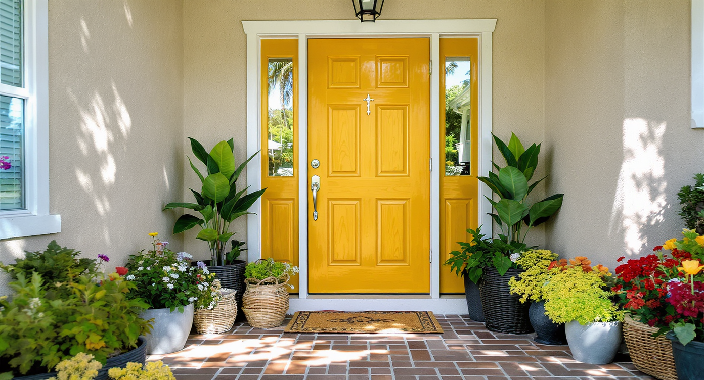 Brightly colored front door in a welcoming entryway lit by natural sunlight.