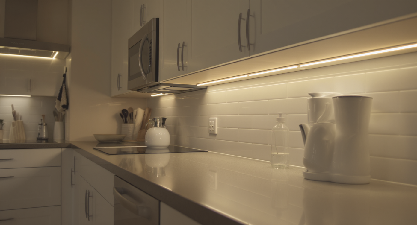 Under-cabinet lighting illuminating a modern kitchen countertop.