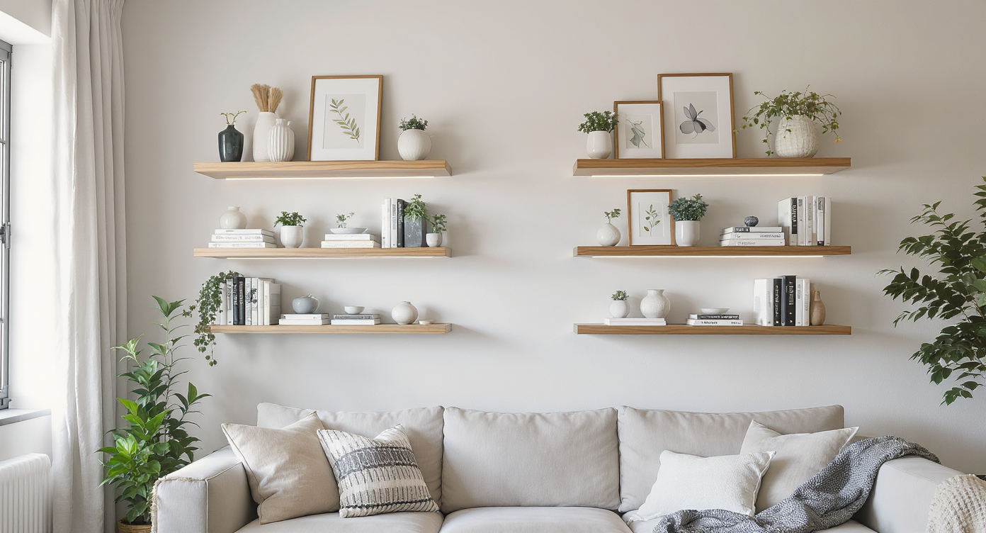 Stylish floating shelves displaying books and decorative items in a modern living room.