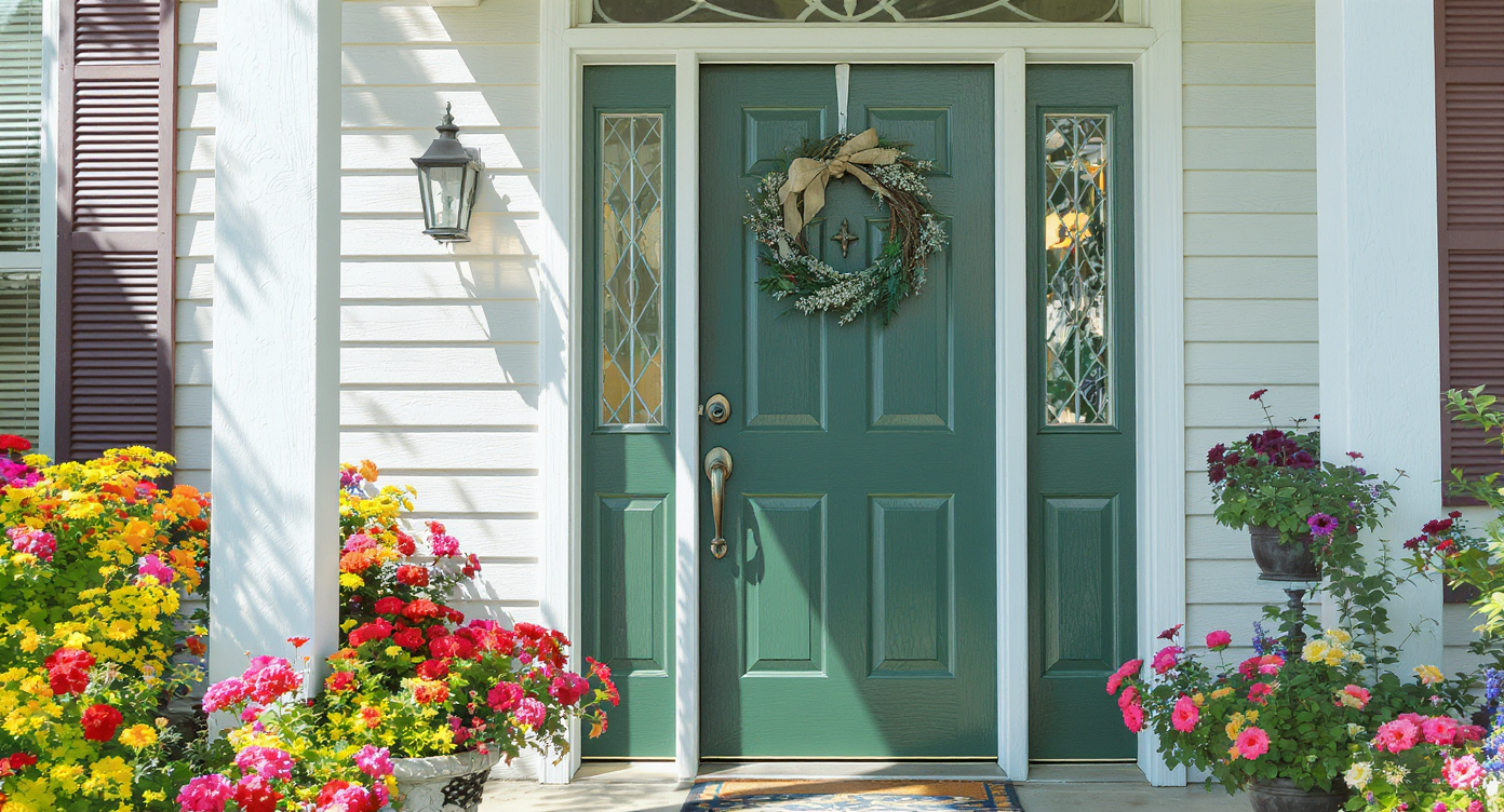 Close-up of a bold-colored front door with a stylish wreath and blooming flowers.