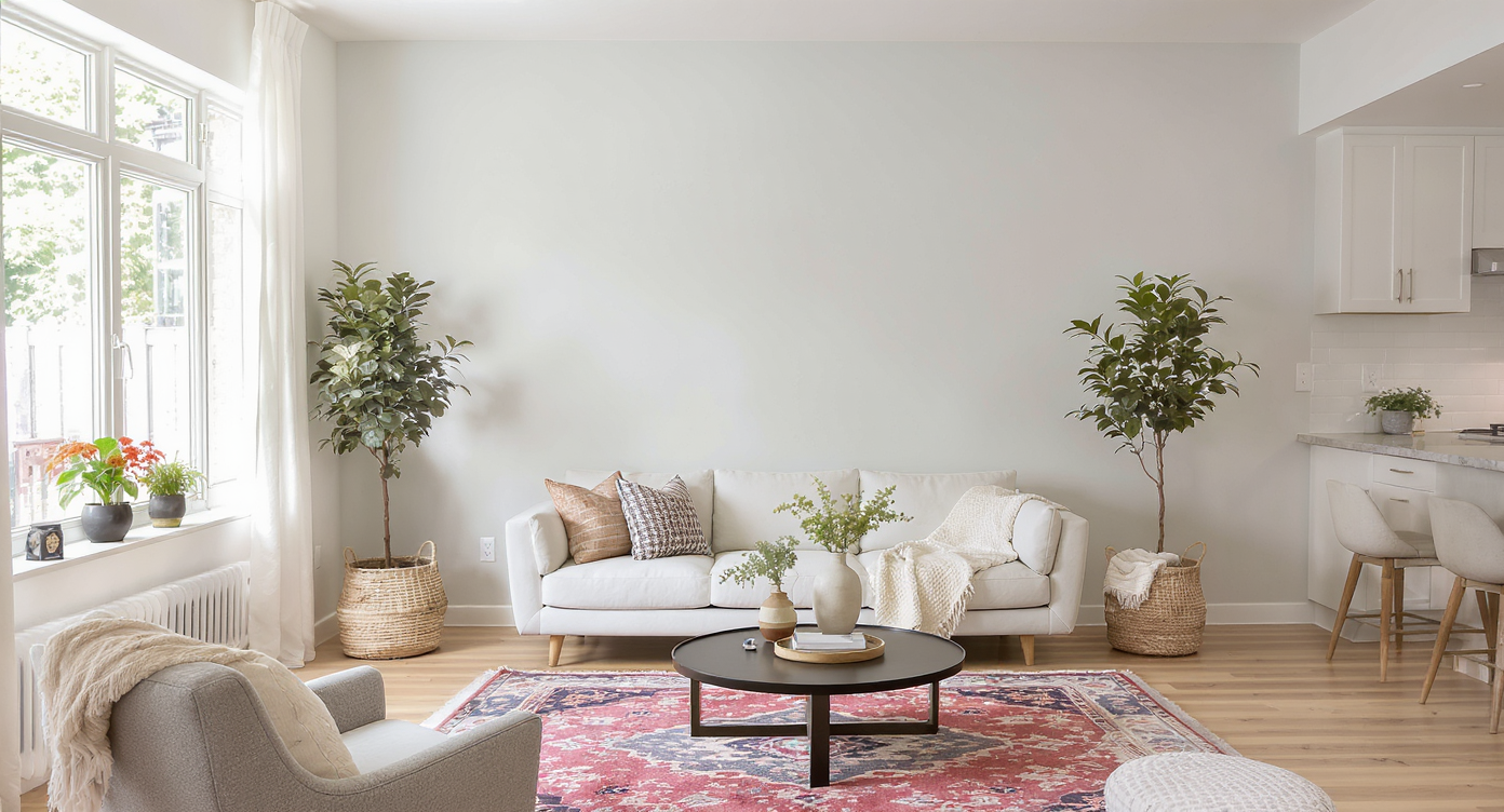 Open concept living area showcasing a fresh accent wall and modern decor.