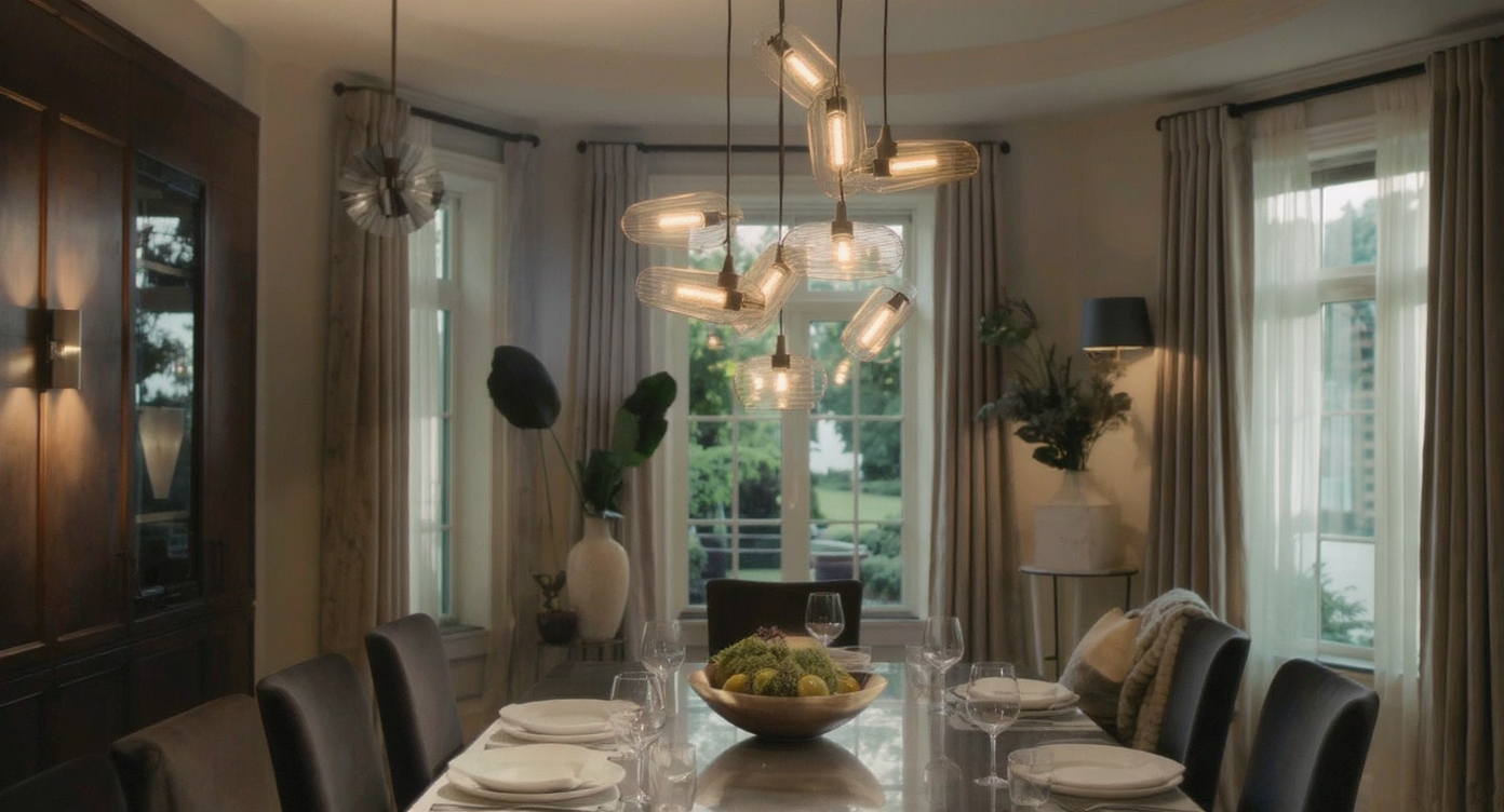 Contemporary light fixture illuminating a stylish dining room setting.