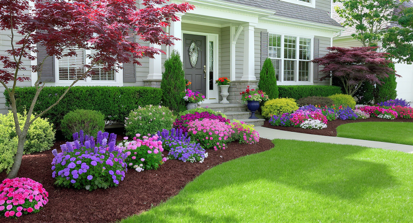 Colorful landscaping with flowers and trimmed bushes leading to a front door.