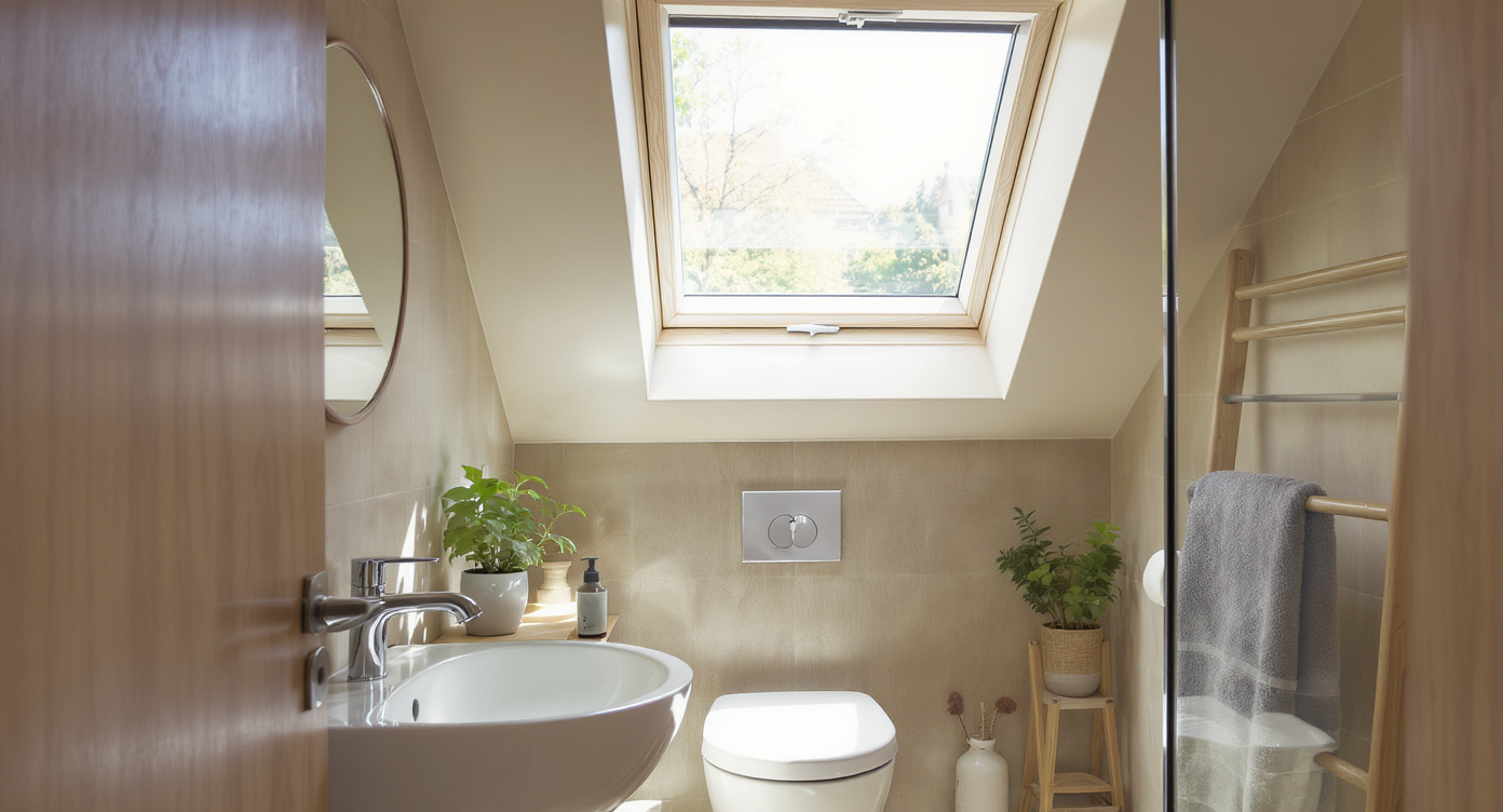 Small bathroom with a skylight bringing in natural light, featuring neutral colors and modern decor.