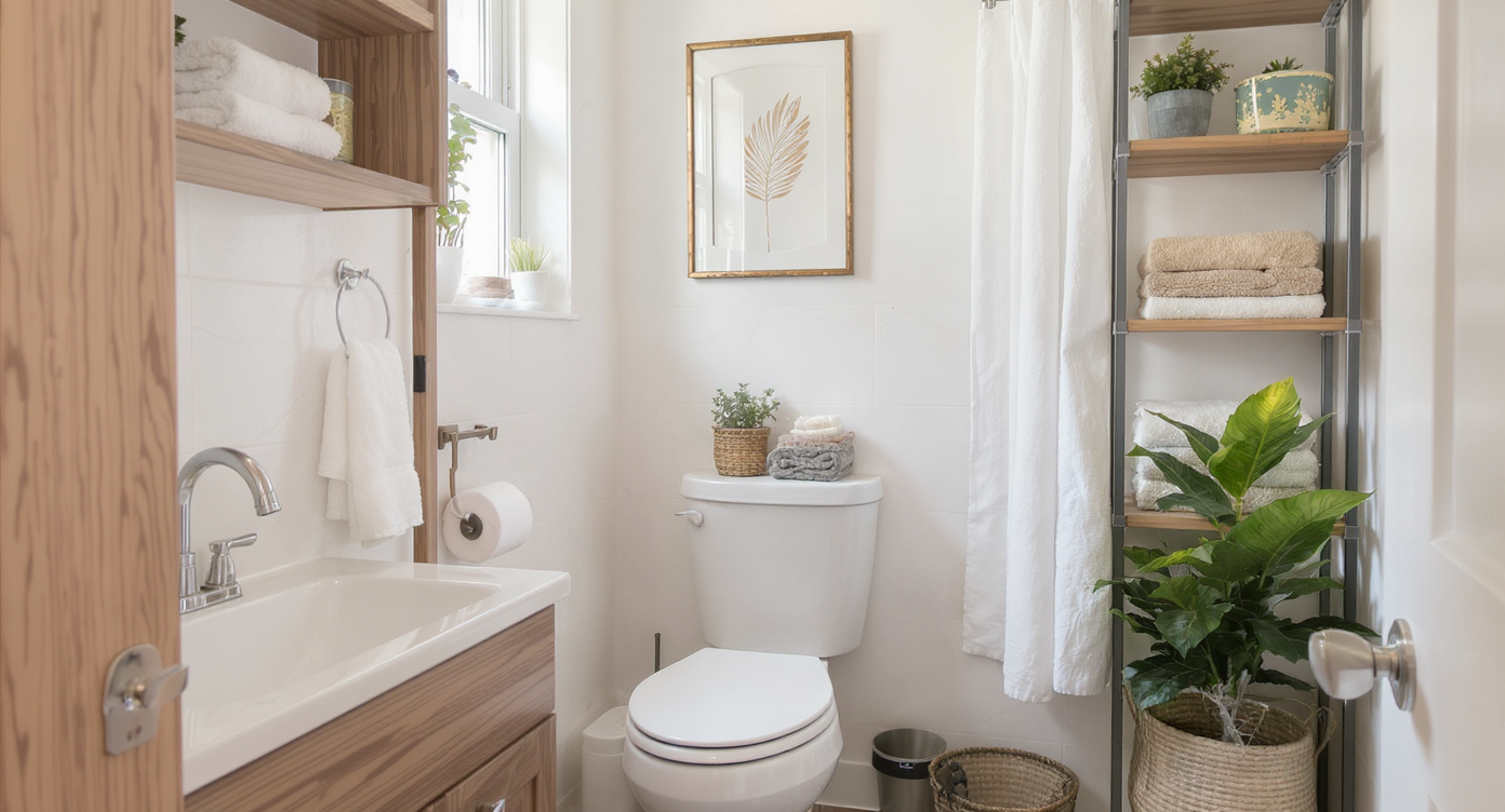 Well-organized small bathroom with smart storage solutions, decor accents, and an inviting ambiance.