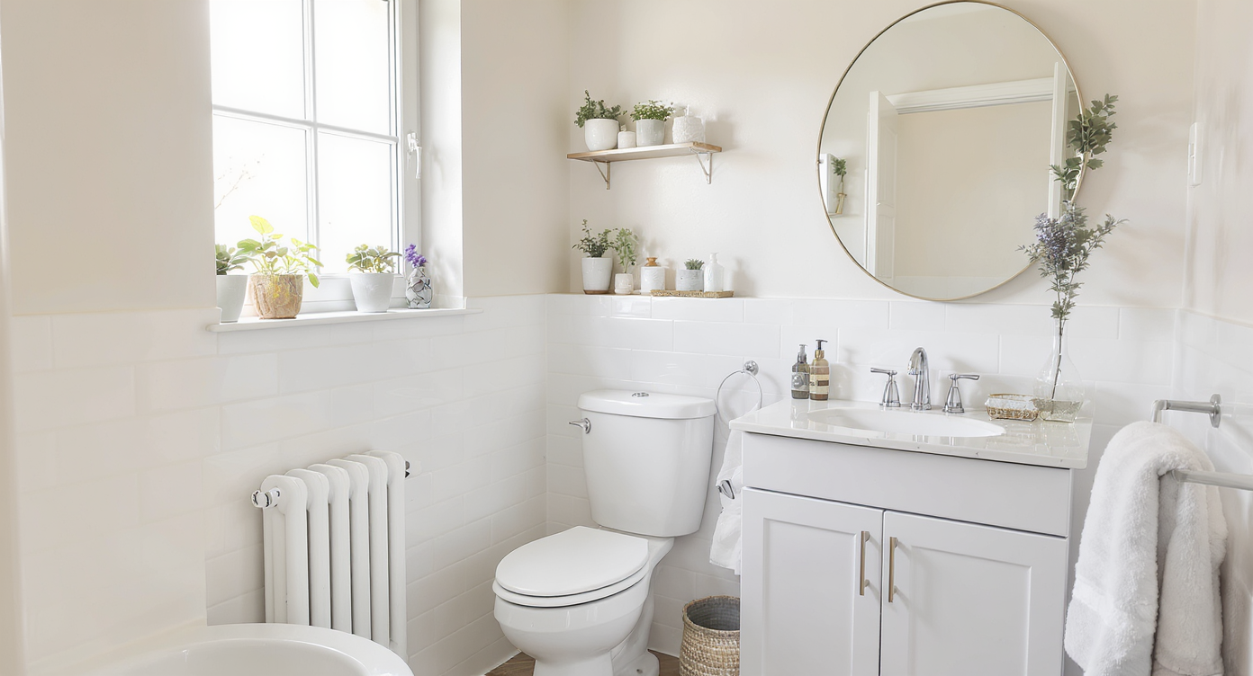 Bright and modern small bathroom with neutral colors, white fixtures, and natural light allowing a fresh ambiance.