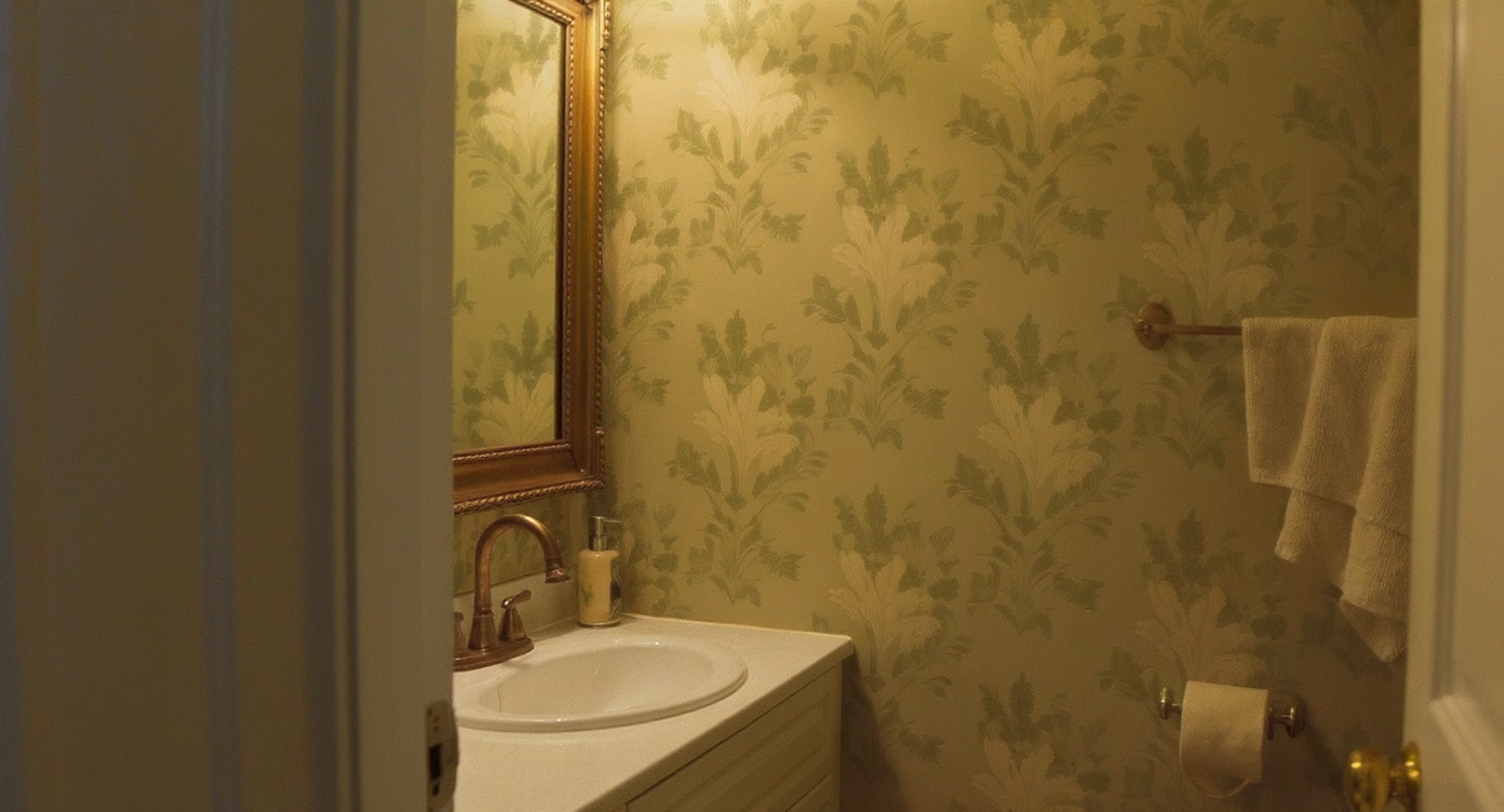 Small bathroom with botanical wallpaper, vintage mirror, and warm lighting, creating a cozy atmosphere.