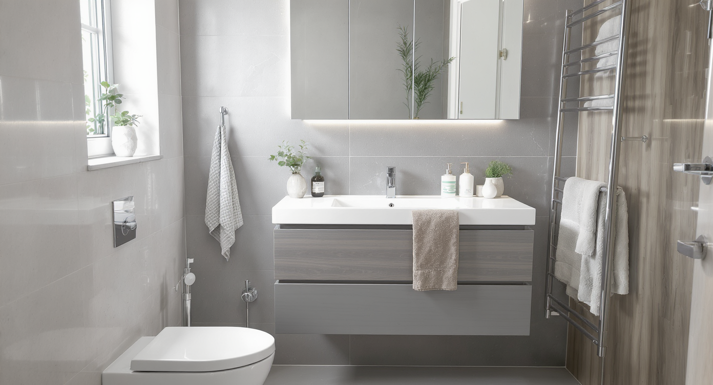 Stylish small bathroom featuring a floating vanity, enhancing the sense of space and modern design.