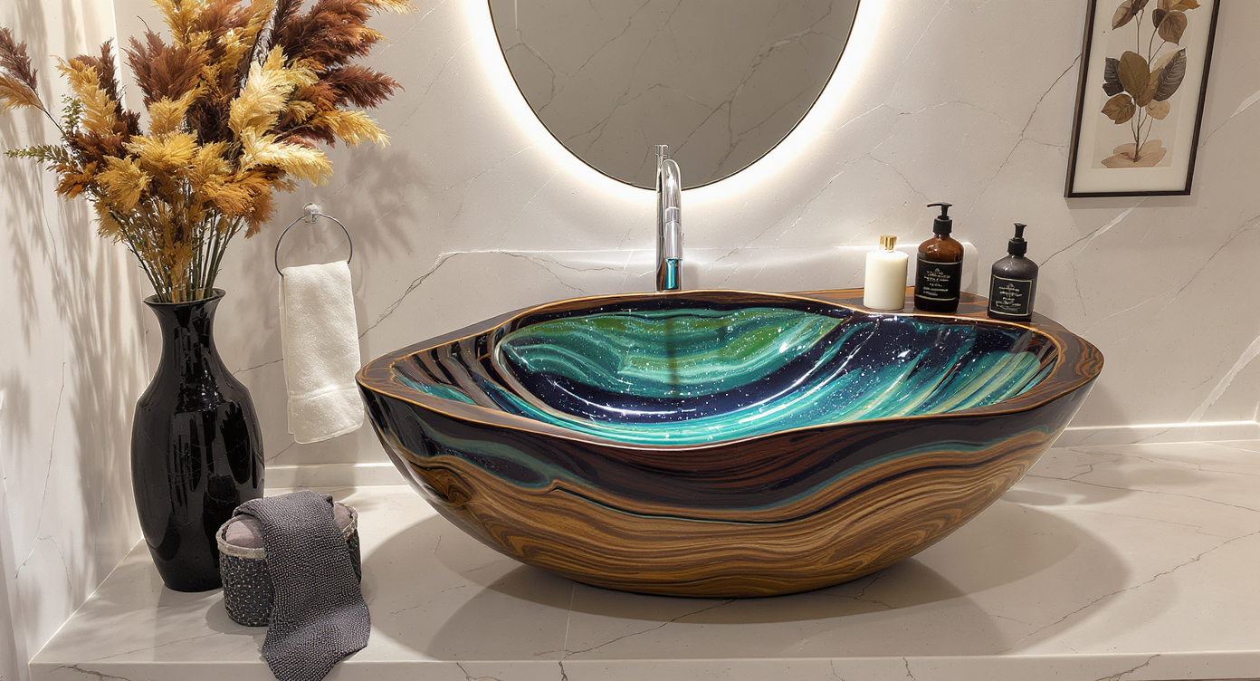 Bathroom with a beautiful freestanding sink as a focal point, featuring artistic design and elegant decor.