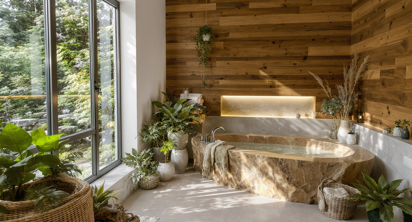Bathroom with natural materials, including reclaimed wood and stone, featuring a soaking tub and ample greenery.