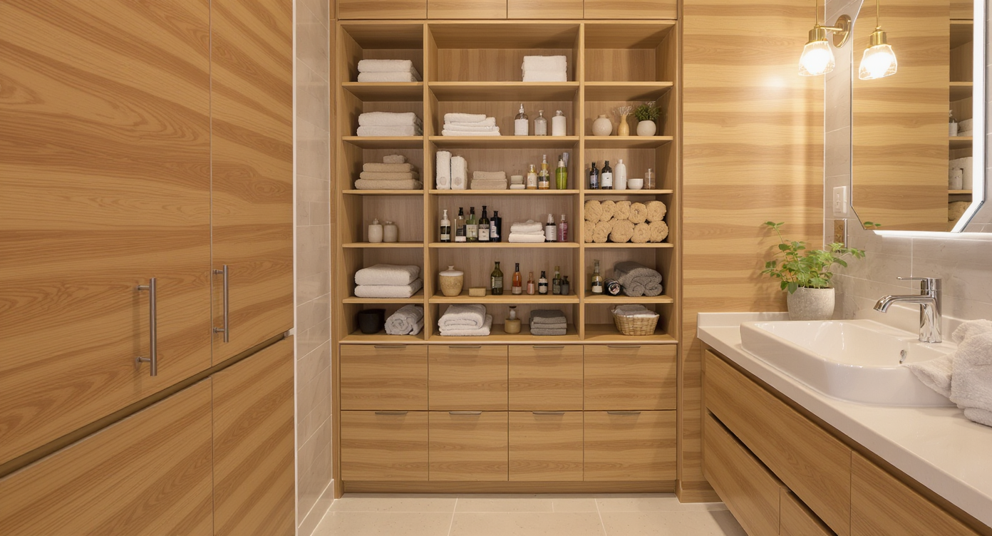 Bathroom with smart storage solutions, featuring sleek cabinetry and well-organized shelves, complemented by a warm color scheme.
