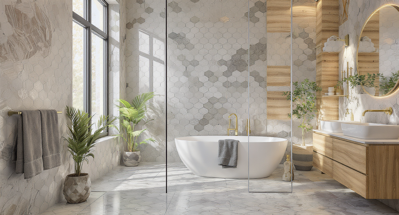 Luxurious bathroom with unique tile shapes and modern fixtures, featuring muted earth tones and soft natural light.