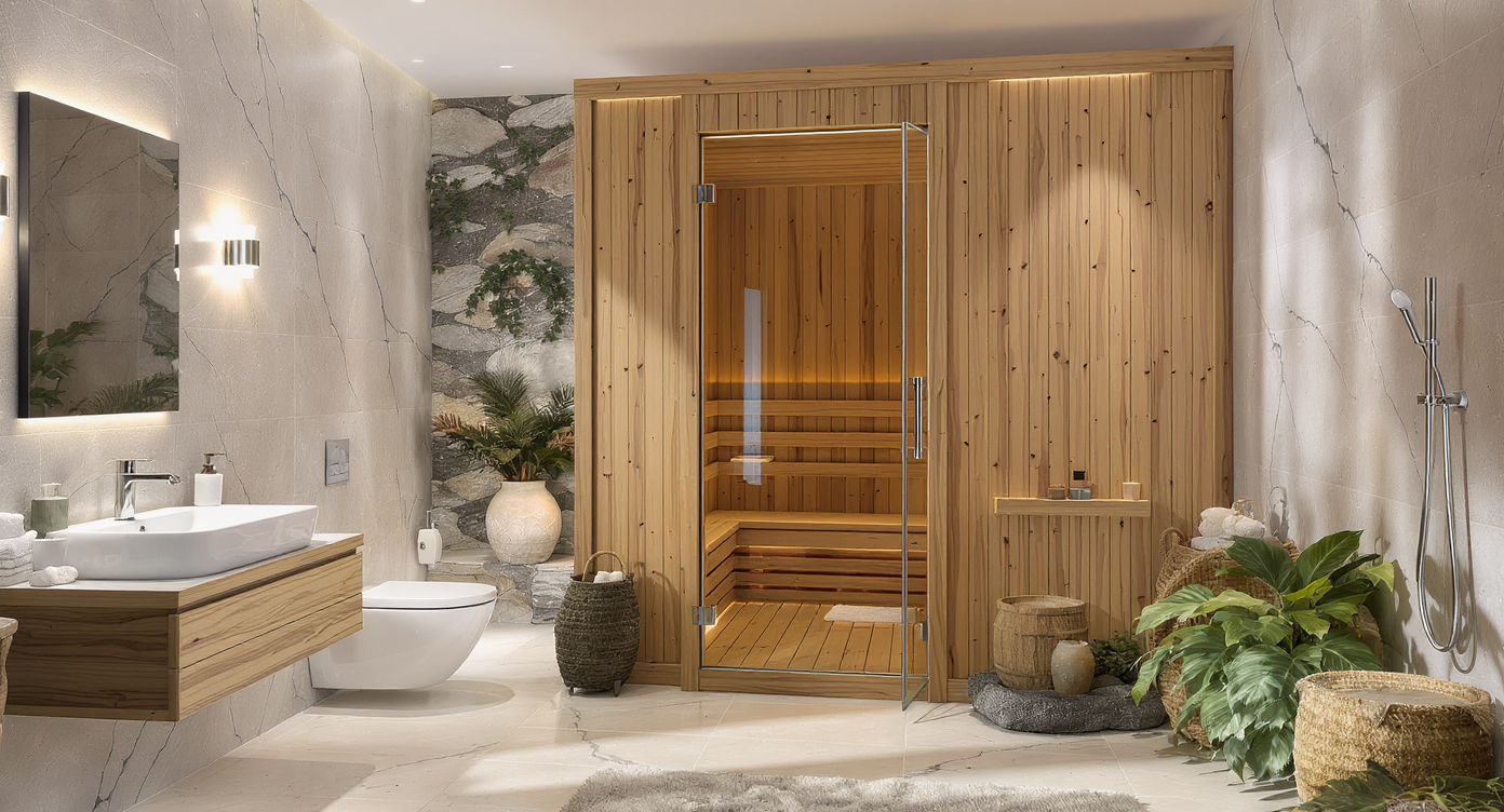 Contemporary bathroom with an in-home sauna, featuring stylish wood paneling and a relaxing atmosphere.