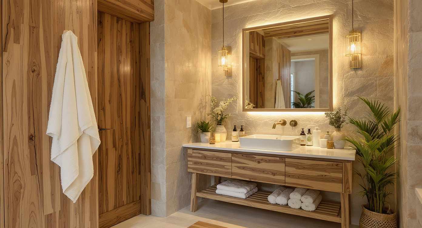 Inviting bathroom with reclaimed wood accents and elegant stone textures, designed for relaxation.