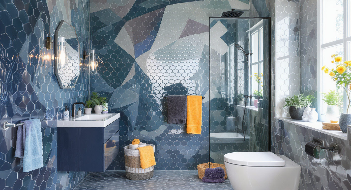 Dynamic bathroom with unique tile shapes in blues and greys, featuring a minimalist shower area and artistic layout.