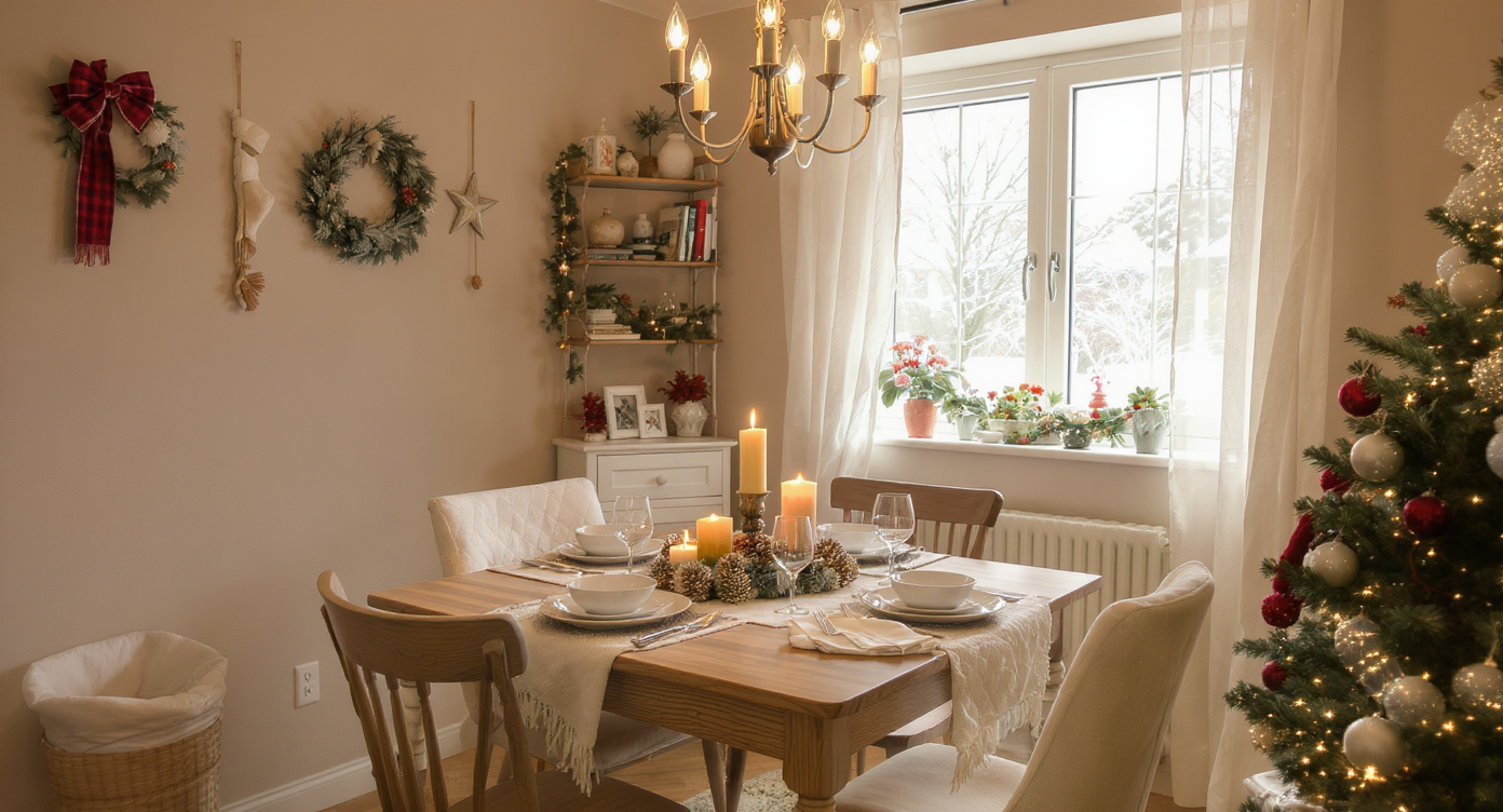 A small dining area styled for Christmas with minimalist decorations and a warm atmosphere.
