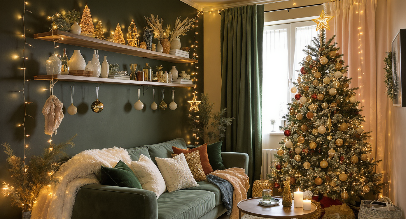 A small room using vertical space efficiently for Christmas decorations with lights and a tall tree.