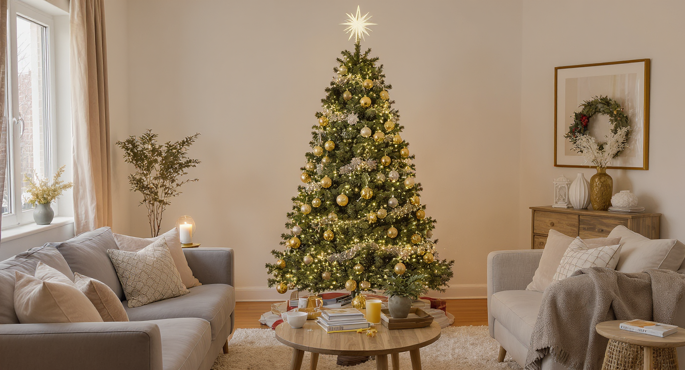 A small living room featuring a primary Christmas tree as the focal point with elegant decor.