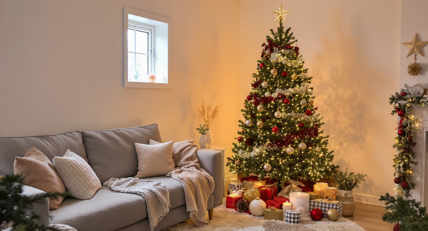 A small living room decorated for Christmas, featuring a primary Christmas tree and cozy festive decor.