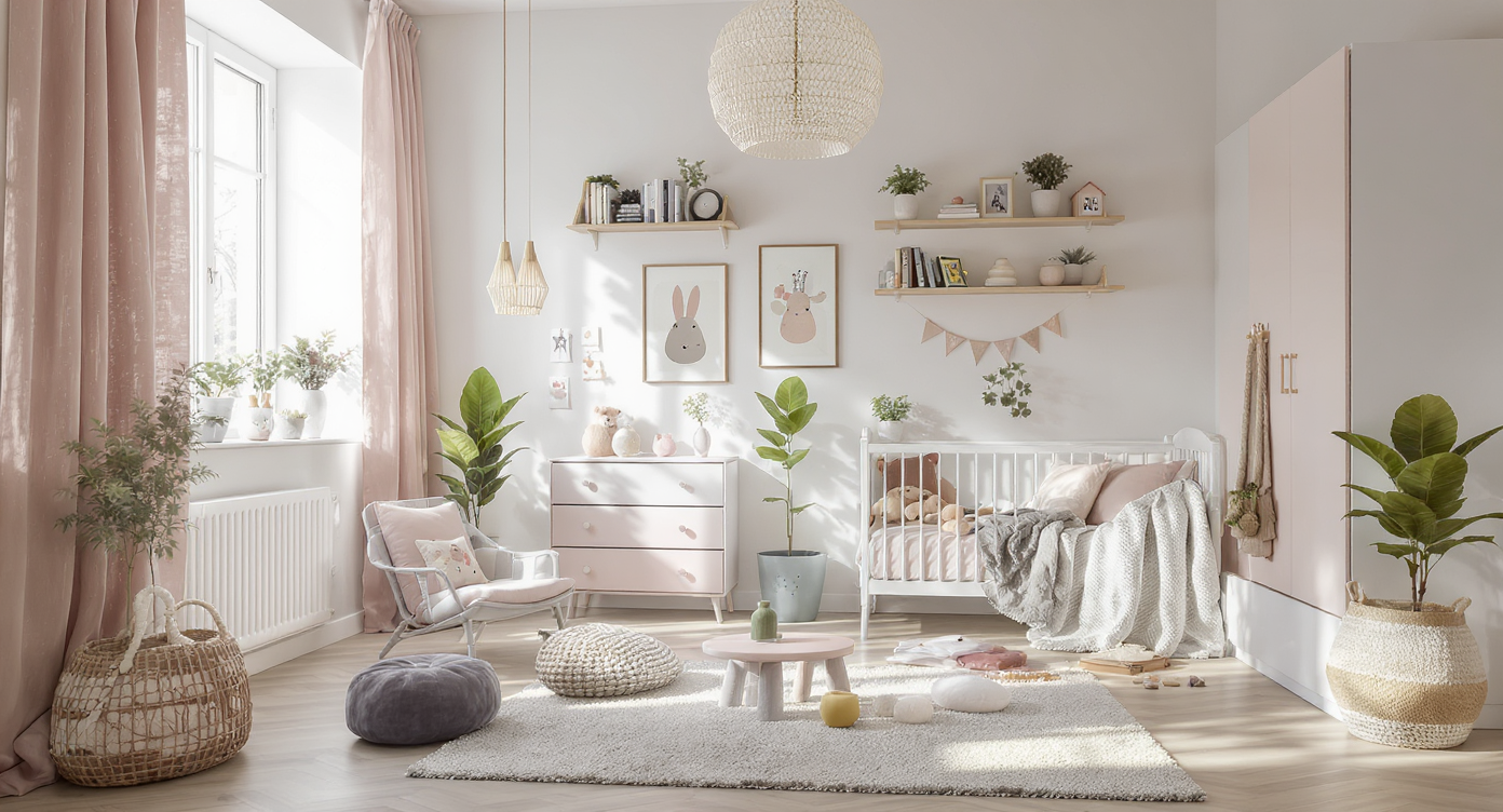 Bright and playful children's room featuring creative decor and practical furniture in pastel colors.