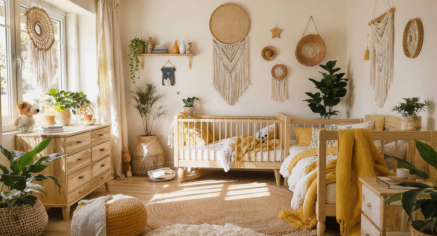 Bohemian-style children's room with earthy tones, natural materials, and cozy decor.