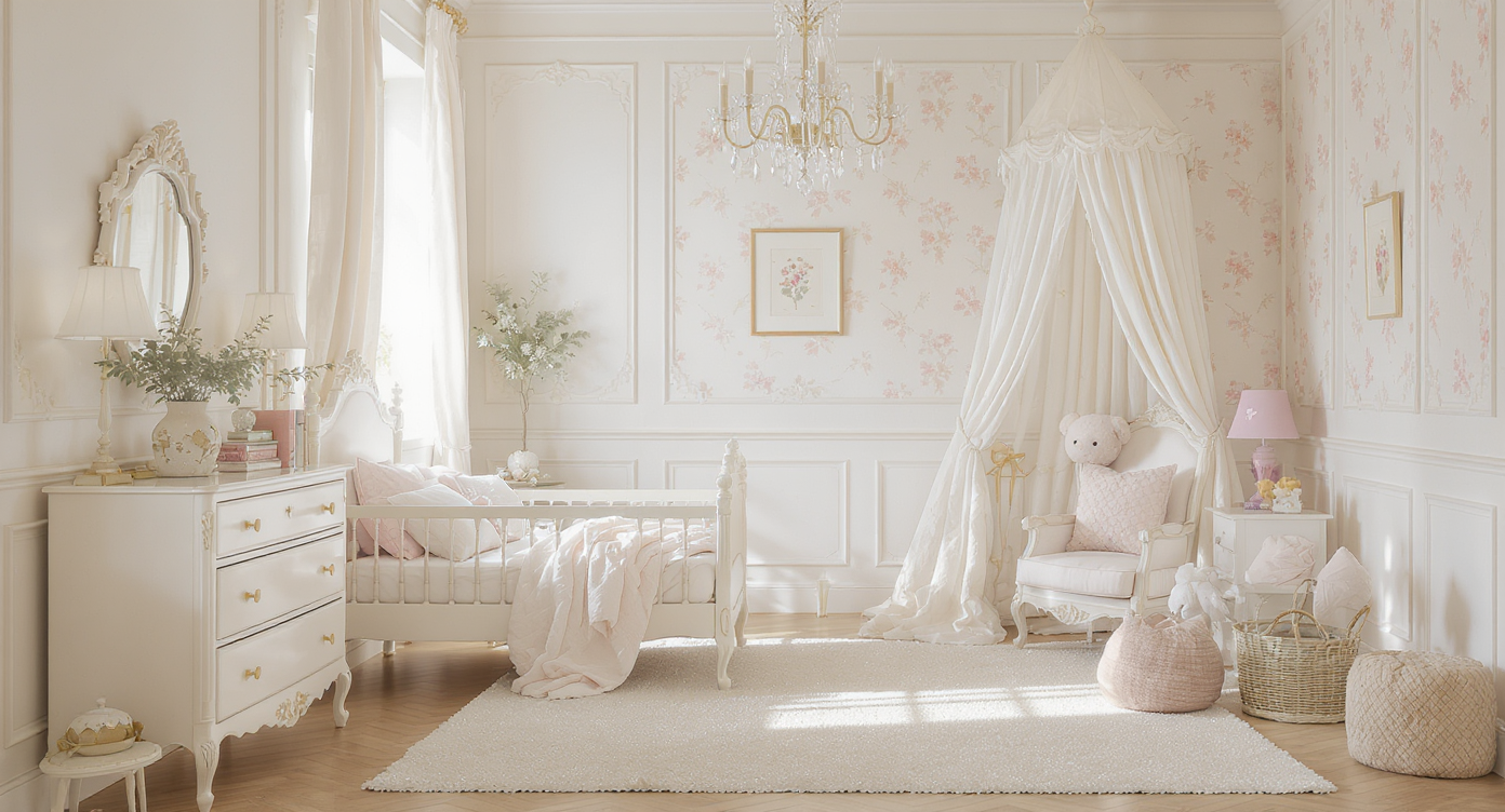 Children's room designed in French elegance with pastel colors, vintage-inspired furniture, and floral accents.