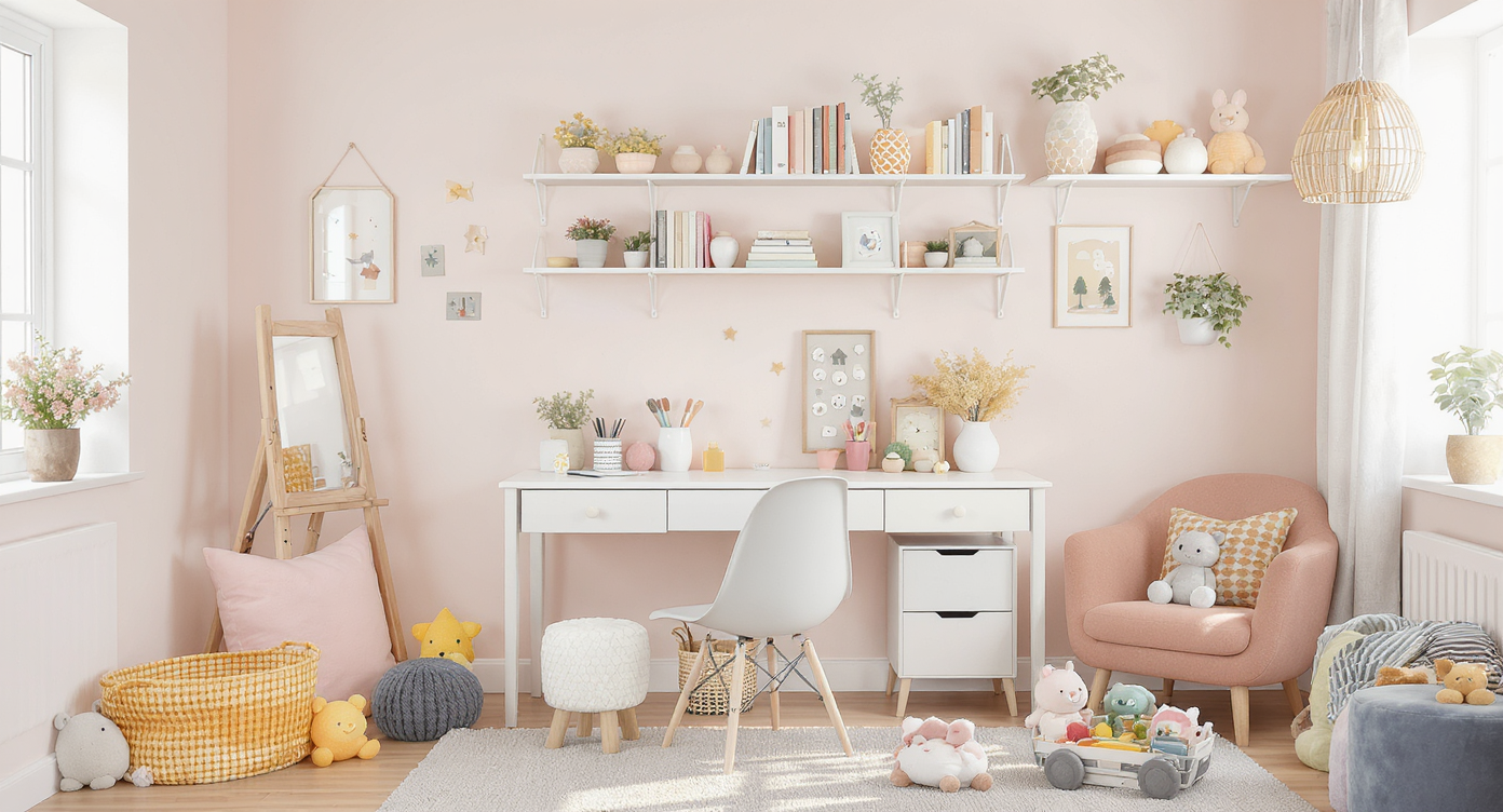 An organized children's workspace decorated with art supplies, books, and plush toys in soft pastel colors.