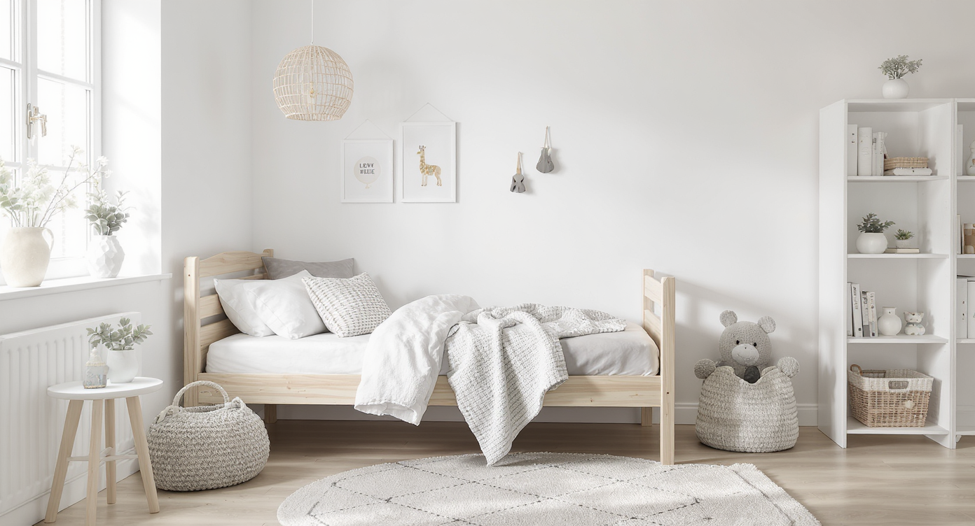 Scandinavian-inspired children's room with minimalist design, light wood furniture, and organized decor.