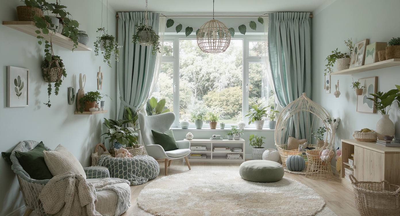 Nature-themed children's room showcasing green tones, plants, and natural materials for a calming effect.