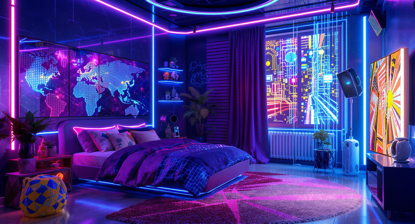 Cyberpunk-themed children's room with futuristic decor, neon accents, and high-tech features.