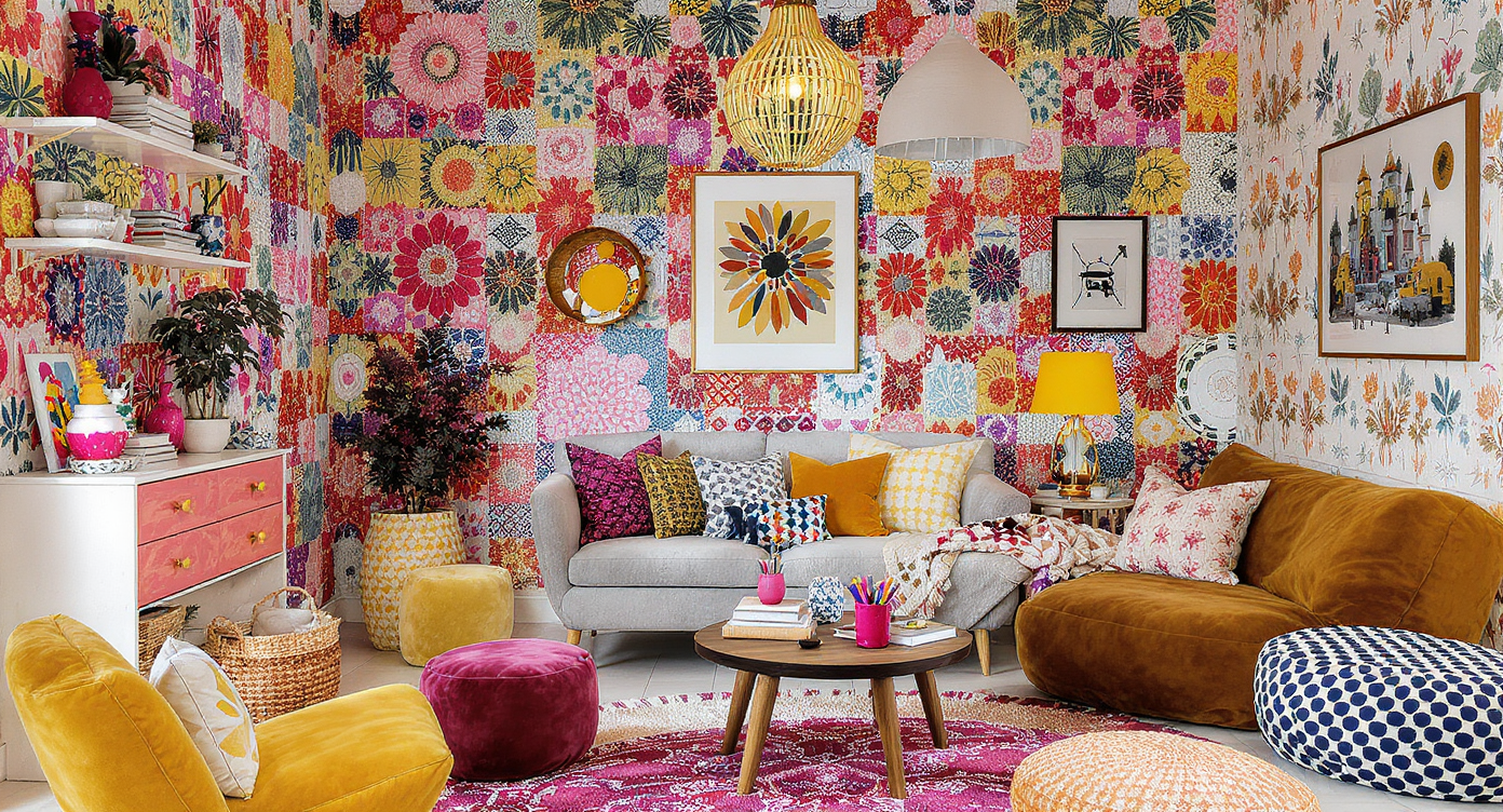Maximalist children's room featuring vibrant colors, eclectic decor, and bold patterns.
