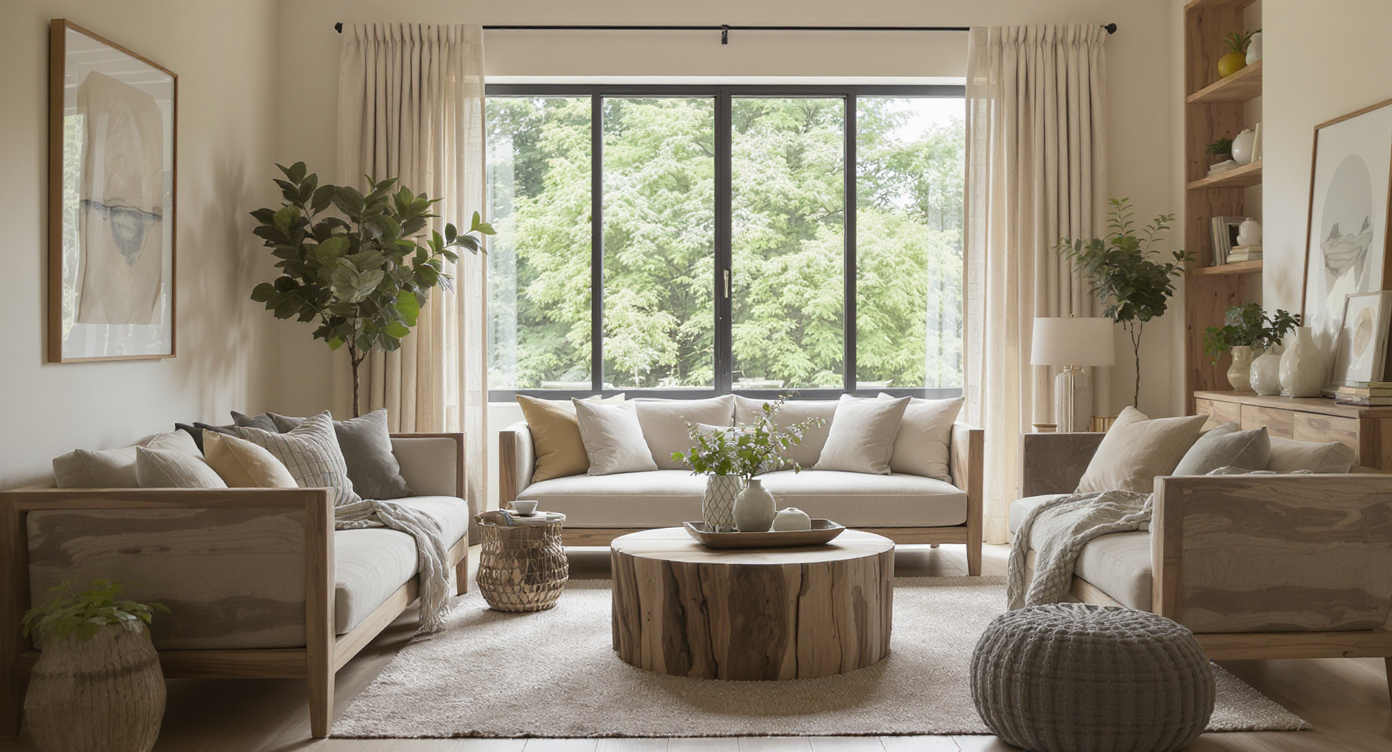Modern living room highlighting sustainability with reclaimed wood and organic textiles, bright and airy with natural light.