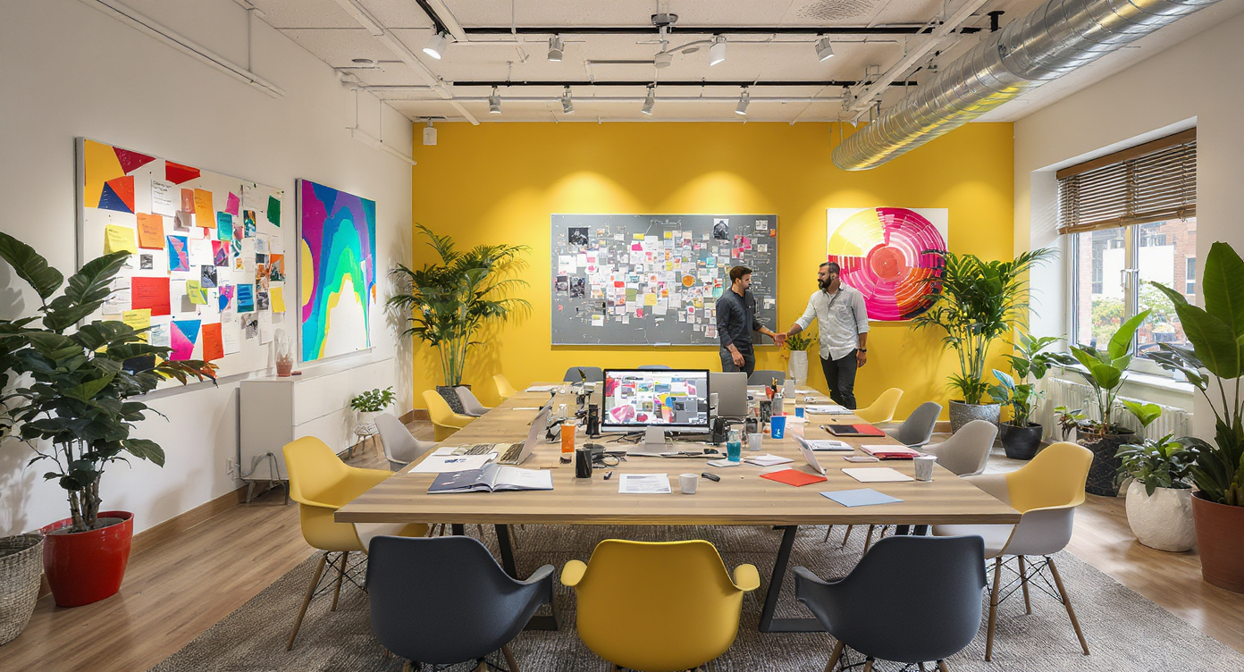 Collaborative workspace with a communal table and technology for design battles, bright and colorful with creative energy.