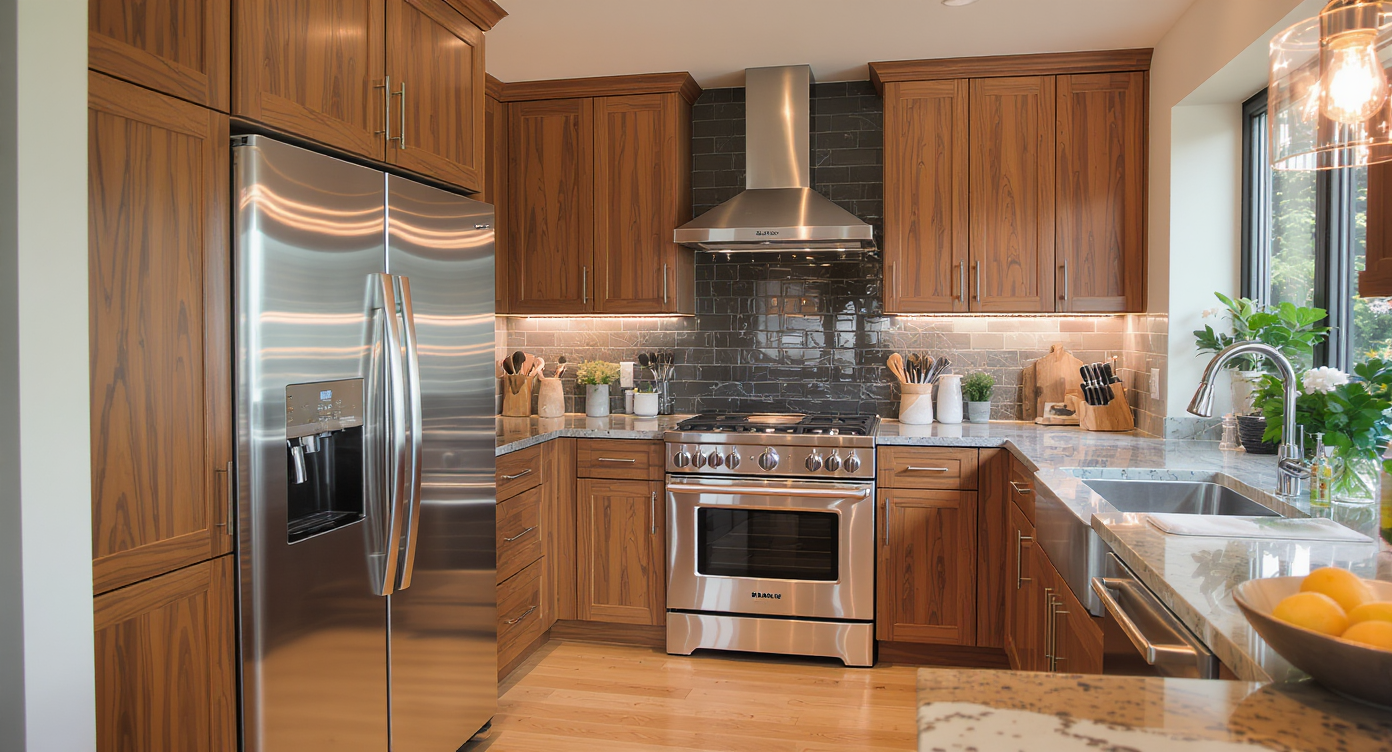 Modern kitchen featuring stainless steel appliances and warm wood cabinetry in an open, stylish layout with ambient lighting.